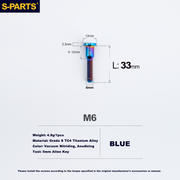S-PARTS Trek M6 Titanium Seatpost Clamp Tightening Bolt — L33 / L35 M6 L33 D12 Blue