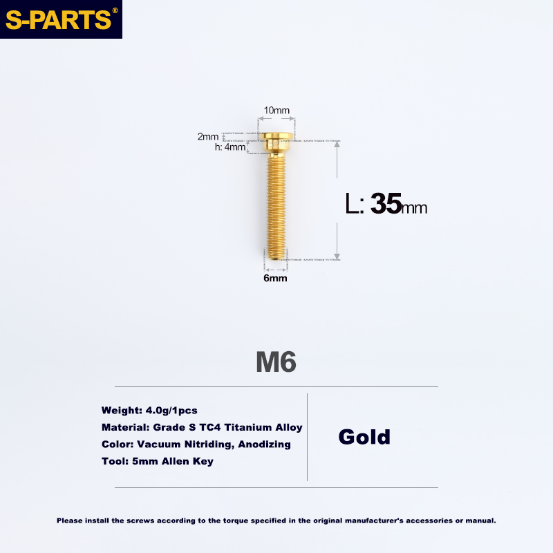 S-PARTS Trek M6 Titanium Seatpost Clamp Tightening Bolt — L33 / L35 M6 L35 D10 Gold