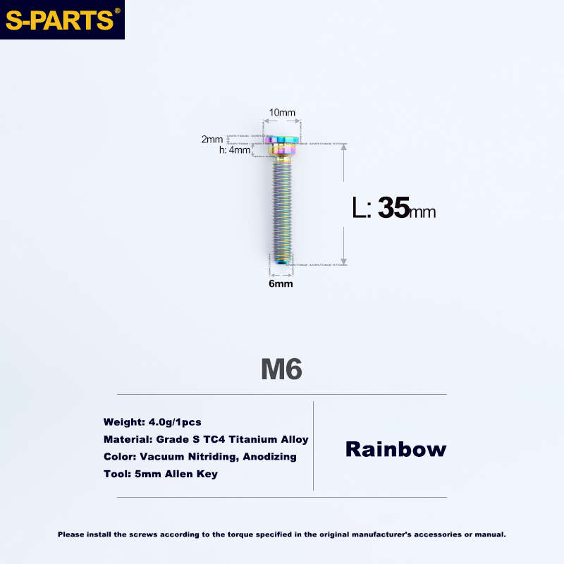 S-PARTS Trek M6 Titanium Seatpost Clamp Tightening Bolt — L33 / L35 M6 L35 D10 Rainbow