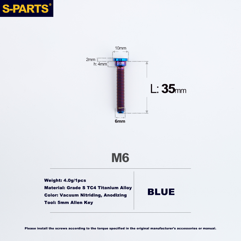 S-PARTS Trek M6 Titanium Seatpost Clamp Tightening Bolt — L33 / L35 M6 L35 D10 Blue