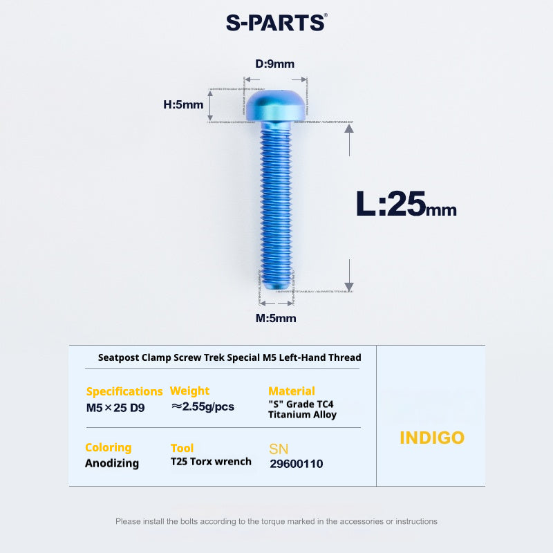 S-PARTS Trek Madone M5 Reverse-Thread Seatpost Clamp Screw — 1pc Indigo