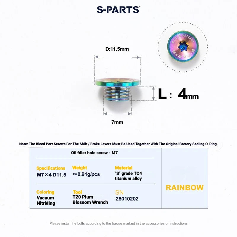Shimano Dura-Ace R9270 Titanium Disc Brake Bolt Kit — Bleed Port Screw M7 L4 D11.5 Road Shift and Brake Lever / Rainbow