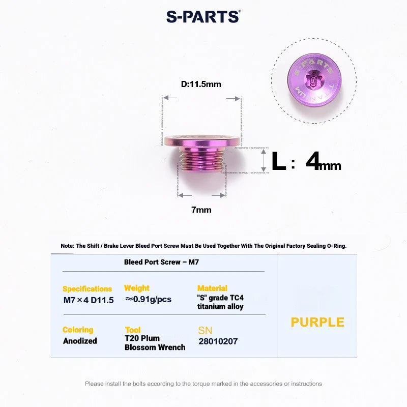 Shimano Dura-Ace R9270 Titanium Disc Brake Bolt Kit — Bleed Port Screw M7 L4 D11.5 Road Shift and Brake Lever / Purple