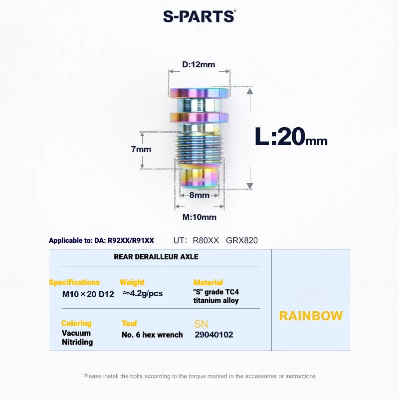 Shimano Road Titanium Bolt Kit – S-PARTS Drivetrain Screws for R8050 / R8150 — Rear Derailleur Fixing Axle - 1pcs / Rainbow