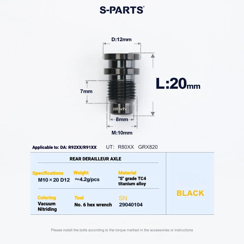 Shimano Road Titanium Bolt Kit – S-PARTS Drivetrain Screws for R8050 / R8150 — Rear Derailleur Fixing Axle - 1pcs / Black