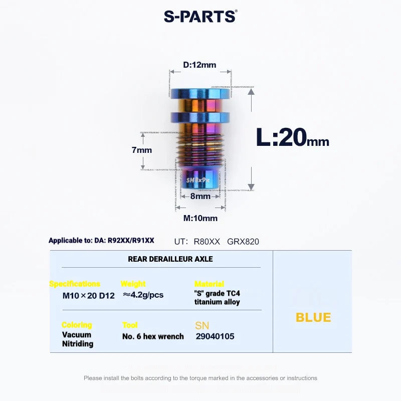 Shimano Road Titanium Bolt Kit – S-PARTS Drivetrain Screws for R8050 / R8150 — Rear Derailleur Fixing Axle - 1pcs / Blue