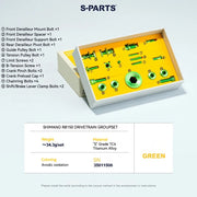 Shimano Road Titanium Bolt Kit – S-PARTS Drivetrain — R8050 / R8150 / R9250 Drivetrain Titanium Bolt Kit – 12 pcs / Green