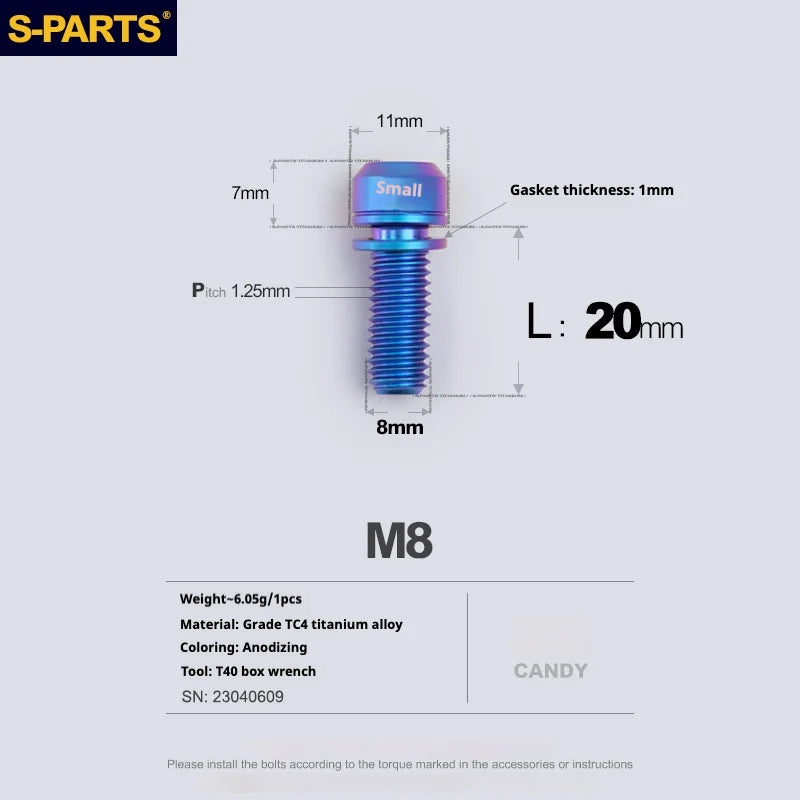 S-PARTS A2 Series M8 L20-25mm D11 Titanium Screws for Bike - Detail 7