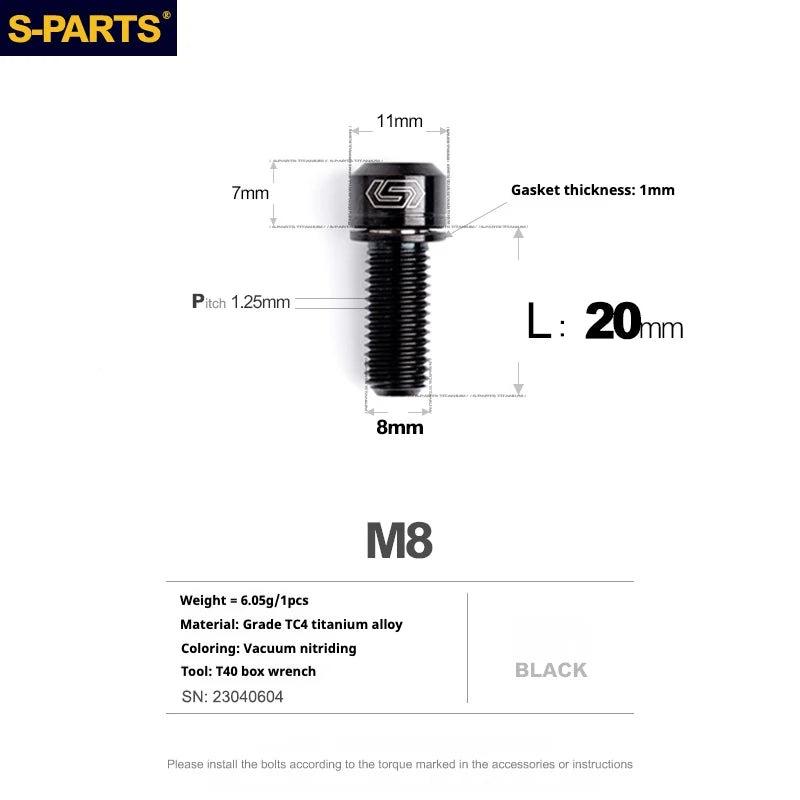S-PARTS A2 Series M8 L20-25mm D11 Titanium Screws for Bike - Detail 8