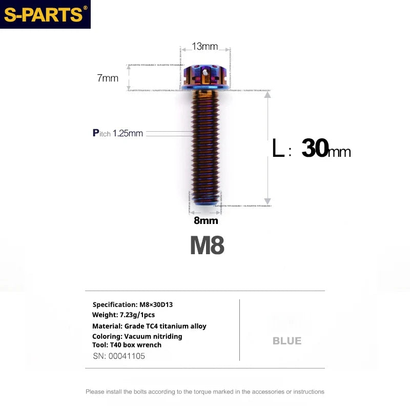 S-PARTS A3 Series M8 L10-120mm Blue Titanium Screws for Bike | Motorcycle / Auto - Detail 13