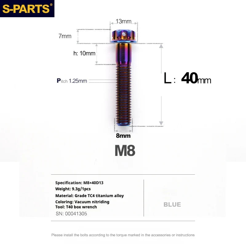 S-PARTS A3 Series M8 L10-120mm Blue Titanium Screws for Bike | Motorcycle / Auto - Detail 15