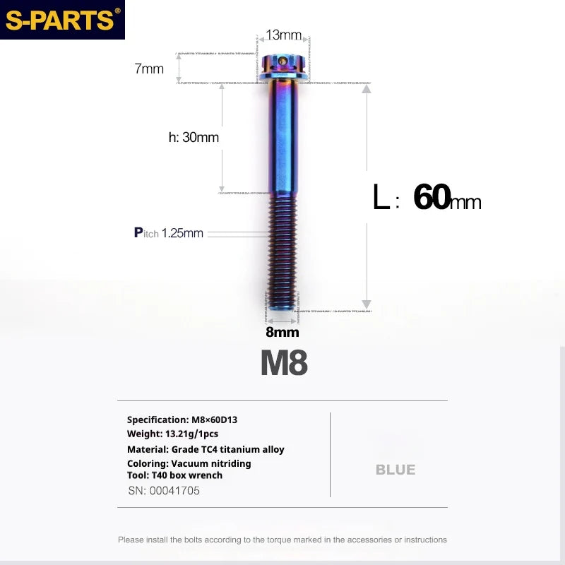S-PARTS A3 Series M8 L10-120mm Blue Titanium Screws for Bike | Motorcycle / Auto - Detail 19