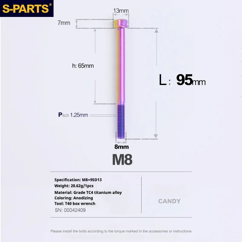 S-PARTS A3 Series M8 L10-120mm Candy Color Titanium Screws for Bike | Motorcycle / Auto - Detail 25