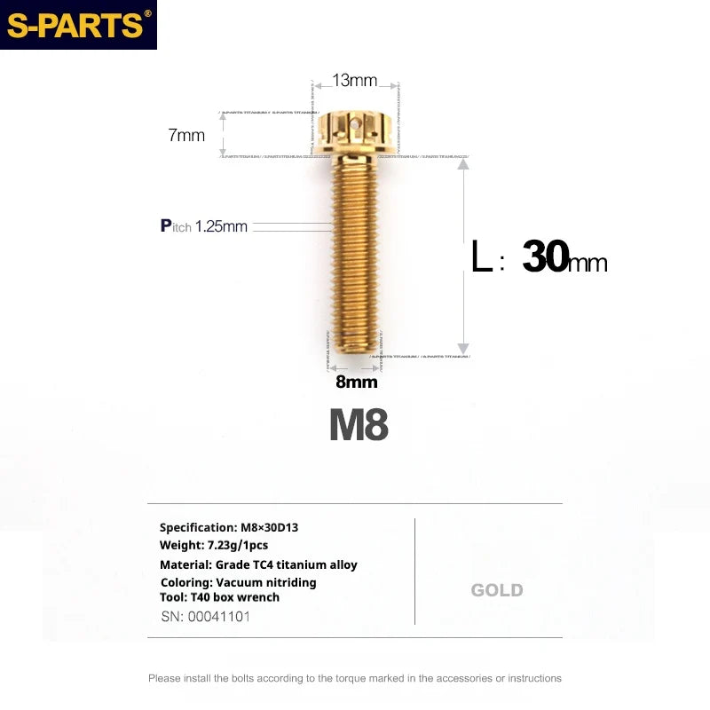 S-PARTS A3 Series M8 L10-120mm Golden Titanium Screws for Bike | Motorcycle / Car - Detail 13
