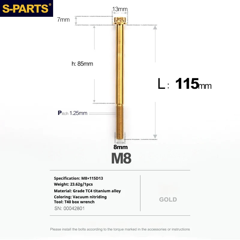 S-PARTS A3 Series M8 L10-120mm Golden Titanium Screws for Bike | Motorcycle / Car - Detail 30