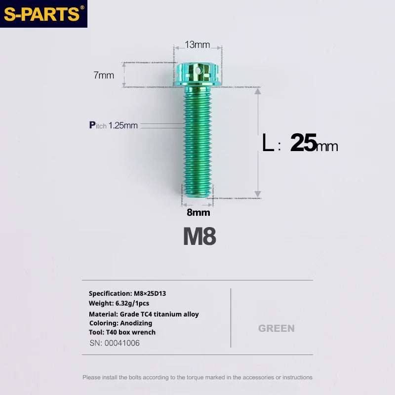 S-PARTS A3 Series M8 L10-120mm Green Titanium Screws for Bike | Motorcycle / Auto - Detail 11