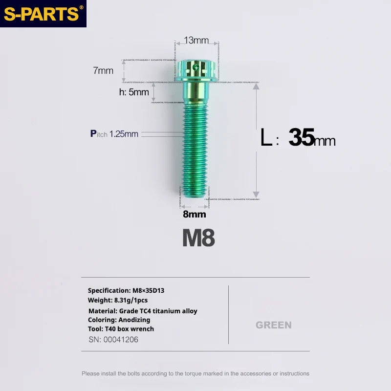 S-PARTS A3 Series M8 L10-120mm Green Titanium Screws for Bike | Motorcycle / Auto - Detail 14