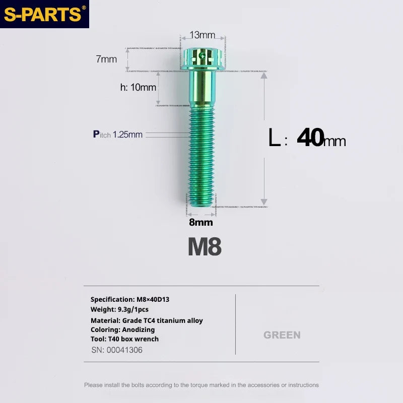 S-PARTS A3 Series M8 L10-120mm Green Titanium Screws for Bike | Motorcycle / Auto - Detail 15