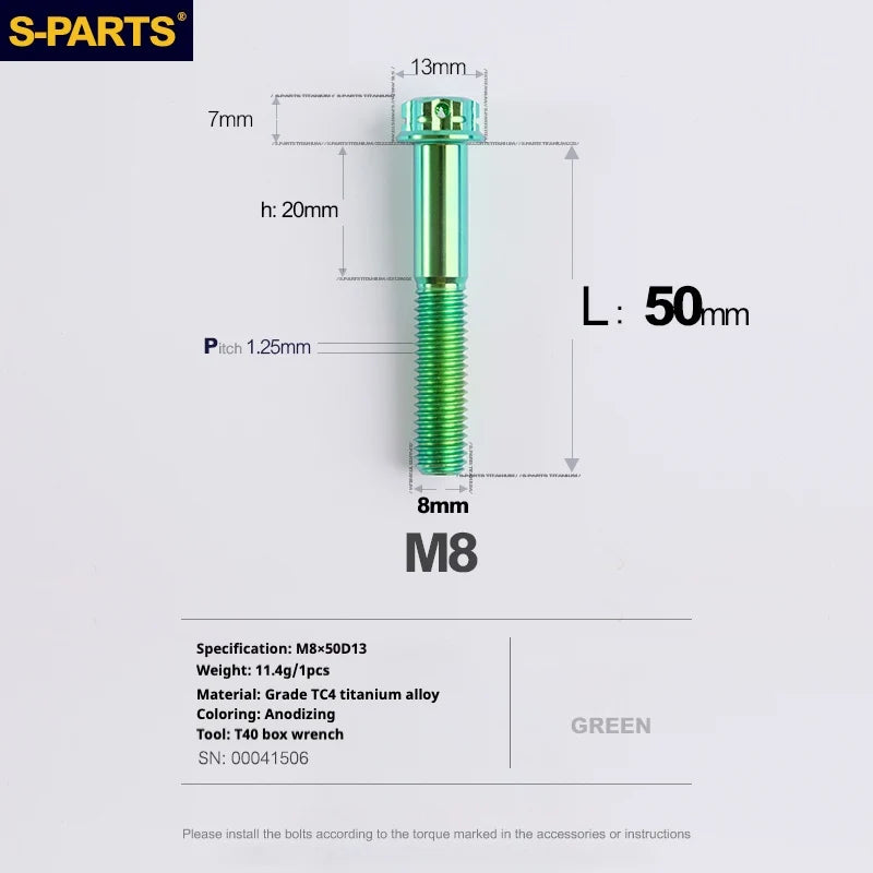 S-PARTS A3 Series M8 L10-120mm Green Titanium Screws for Bike | Motorcycle / Auto - Detail 17