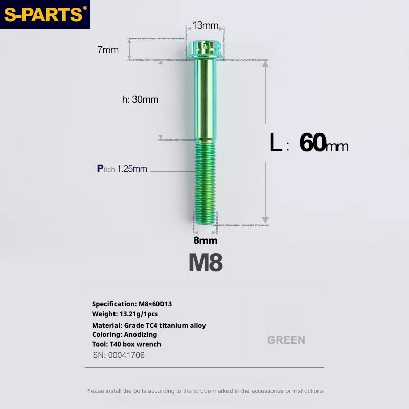 S-PARTS A3 Series M8 L10-120mm Green Titanium Screws for Bike | Motorcycle / Auto - Detail 19
