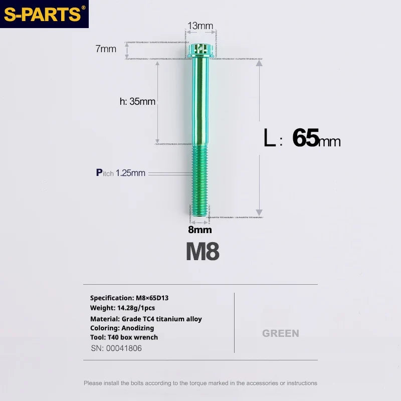 S-PARTS A3 Series M8 L10-120mm Green Titanium Screws for Bike | Motorcycle / Auto - Detail 20