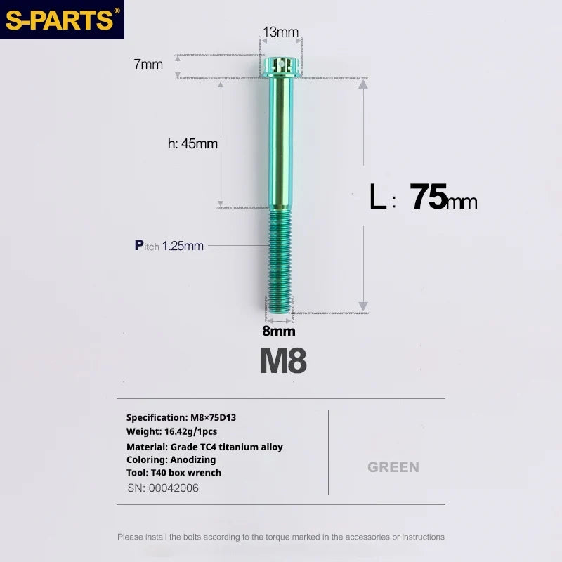 S-PARTS A3 Series M8 L10-120mm Green Titanium Screws for Bike | Motorcycle / Auto - Detail 22