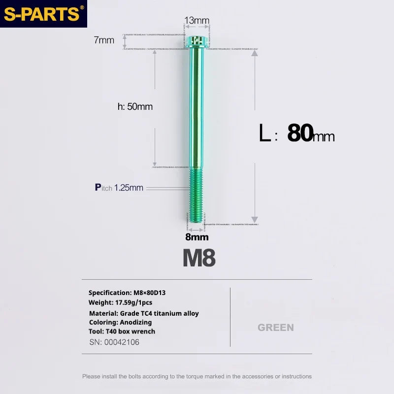 S-PARTS A3 Series M8 L10-120mm Green Titanium Screws for Bike | Motorcycle / Auto - Detail 23
