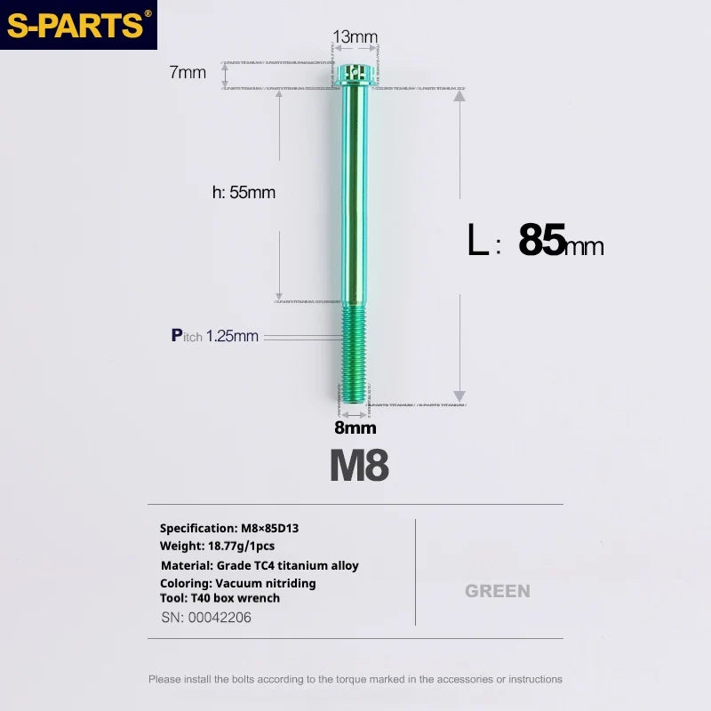 S-PARTS A3 Series M8 L10-120mm Green Titanium Screws for Bike | Motorcycle / Auto - Detail 24