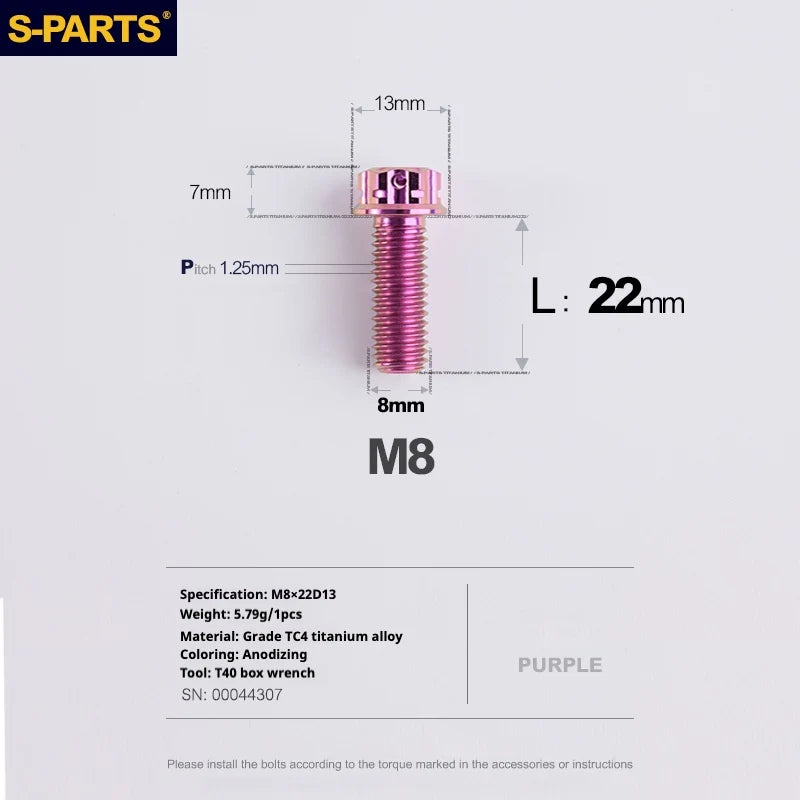 S-PARTS A3 Series M8 L10-120mm Purple Titanium Screws for Bike | Motorcycle / Auto - Detail 10