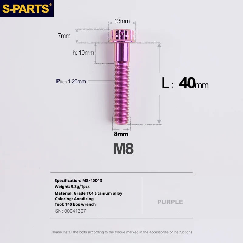 S-PARTS A3 Series M8 L10-120mm Purple Titanium Screws for Bike | Motorcycle / Auto - Detail 15