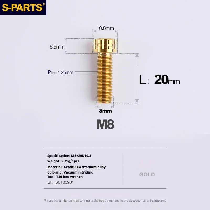 S-PARTS A3 Series M8 L15-45mm D10.8 Small Nuts Titanium Screws for Bike | Motorcycle / Auto - Detail 15