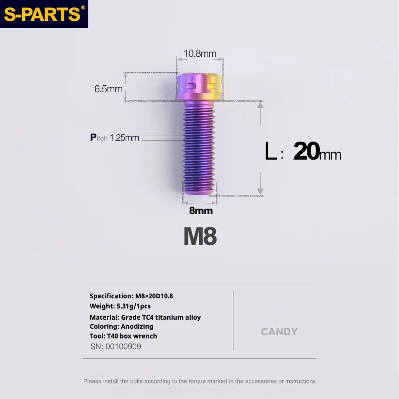 S-PARTS A3 Series M8 L15-45mm D10.8 Small Nuts Titanium Screws for Bike | Motorcycle / Auto - Detail 17