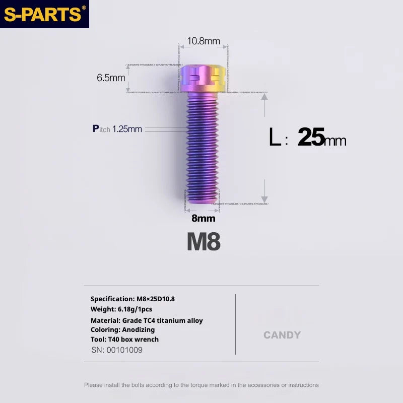 S-PARTS A3 Series M8 L15-45mm D10.8 Small Nuts Titanium Screws for Bike | Motorcycle / Auto - Detail 20
