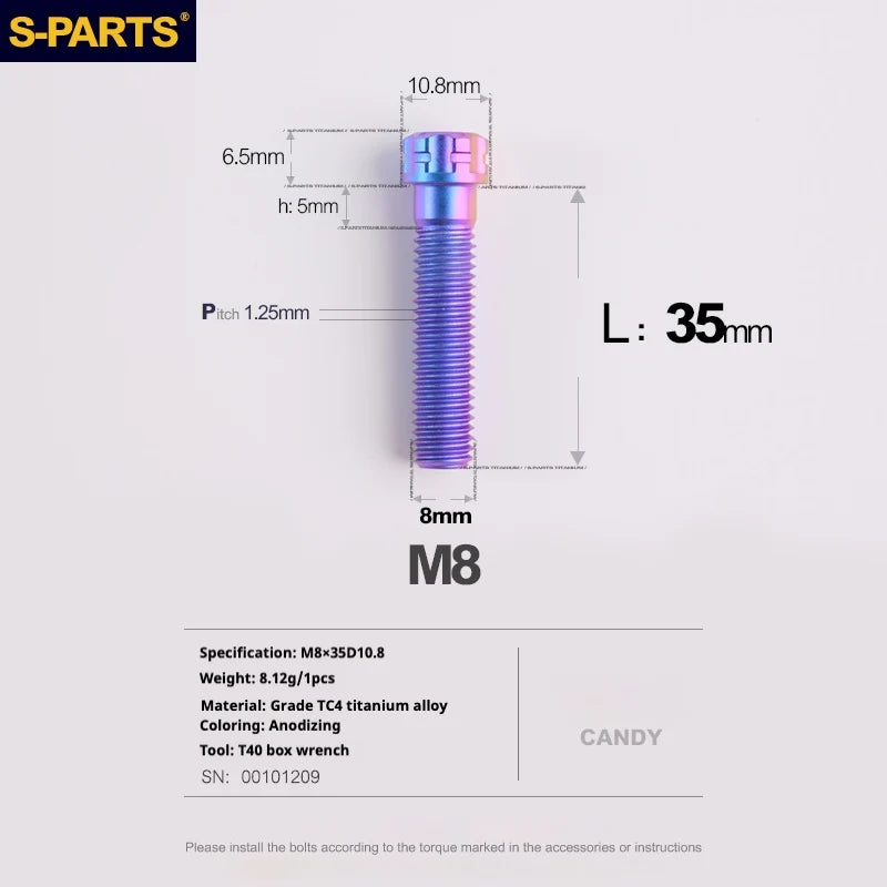 S-PARTS A3 Series M8 L15-45mm D10.8 Small Nuts Titanium Screws for Bike | Motorcycle / Auto - Detail 37