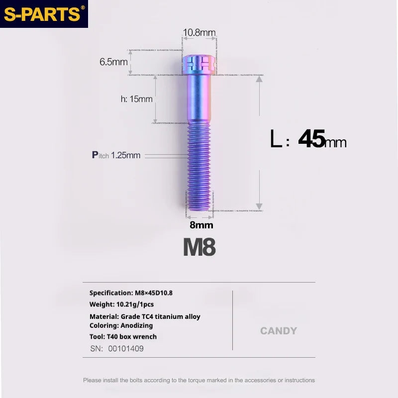 S-PARTS A3 Series M8 L15-45mm D10.8 Small Nuts Titanium Screws for Bike | Motorcycle / Auto - Detail 50