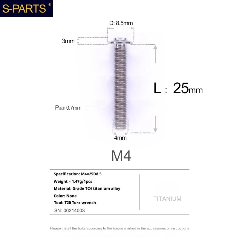 S-PARTS A3 Umbrella Head M4 Titanium Screws | L06-35mm D8.5 | Motorcycle / Car TC4 Bolts - Detail 64