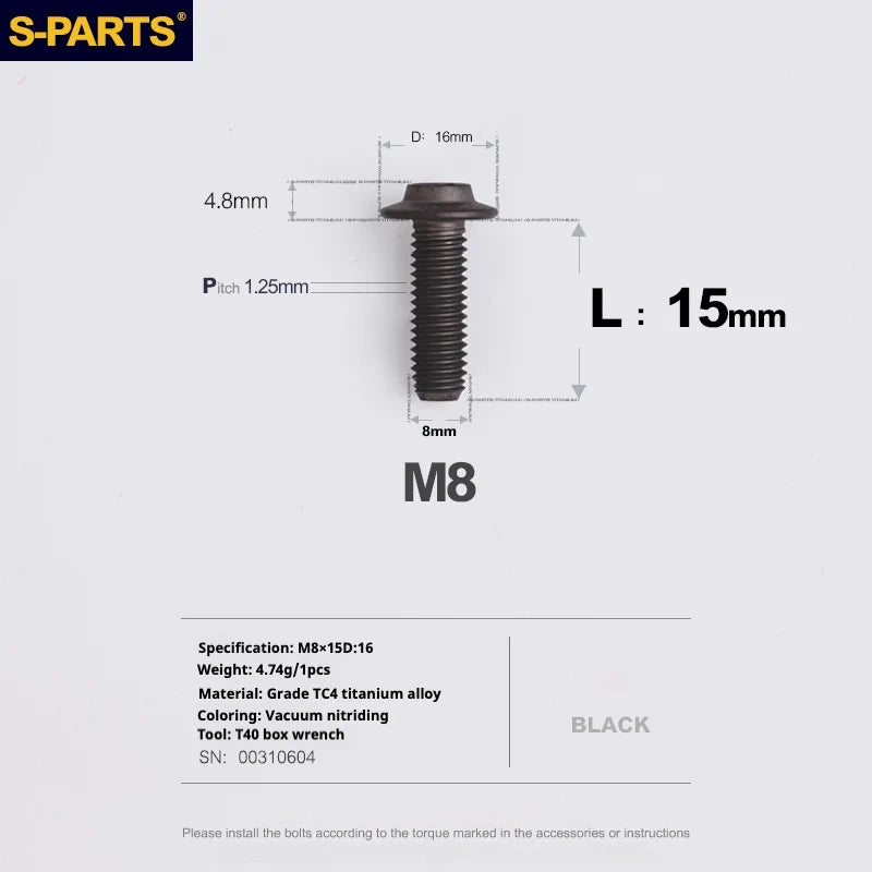 S-PARTS A3 Umbrella Head Series M8 L15-50mm D16 Titanium Screws for Bike | Motorcycle / Automotive - Detail 9