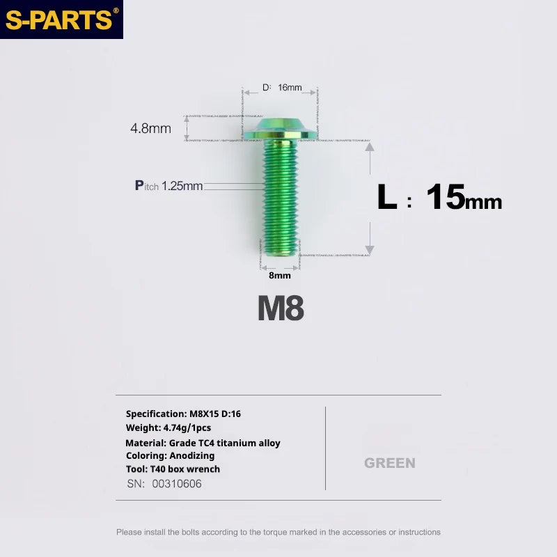 S-PARTS A3 Umbrella Head Series M8 L15-50mm D16 Titanium Screws for Bike | Motorcycle / Automotive - Detail 11