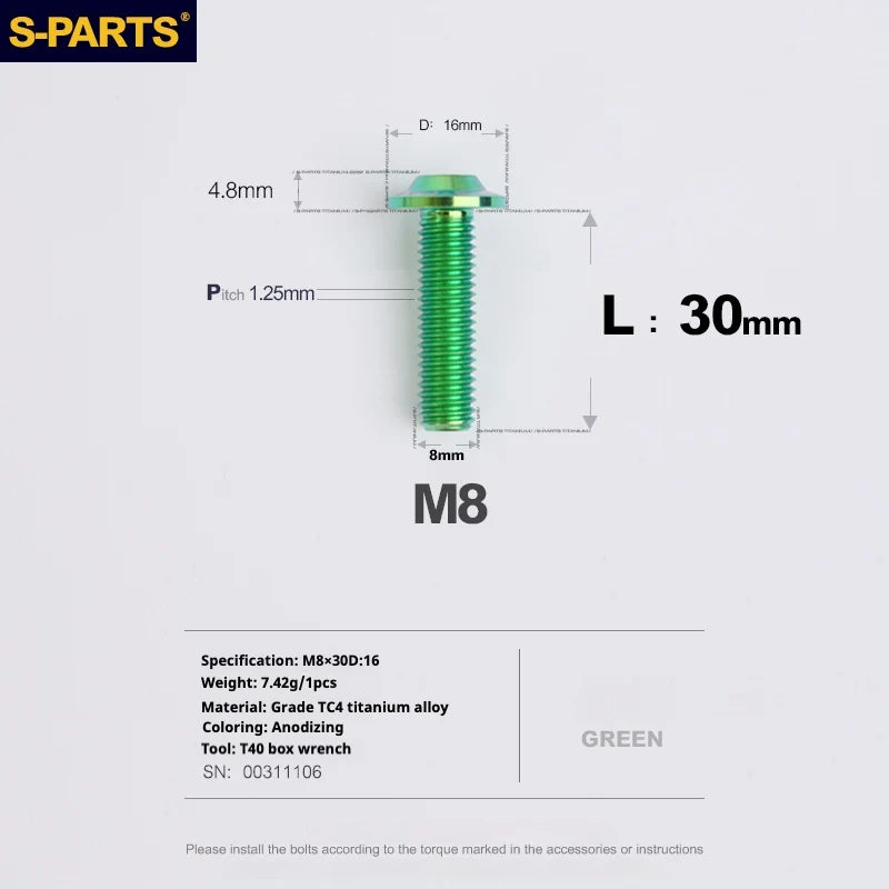 S-PARTS A3 Umbrella Head Series M8 L15-50mm D16 Titanium Screws for Bike | Motorcycle / Automotive - Detail 38