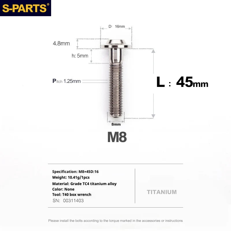 S-PARTS A3 Umbrella Head Series M8 L15-50mm D16 Titanium Screws for Bike | Motorcycle / Automotive - Detail 57
