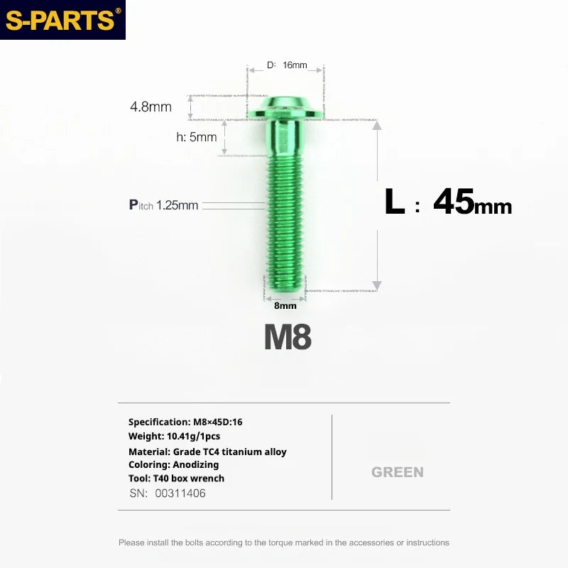 S-PARTS A3 Umbrella Head Series M8 L15-50mm D16 Titanium Screws for Bike | Motorcycle / Automotive - Detail 58