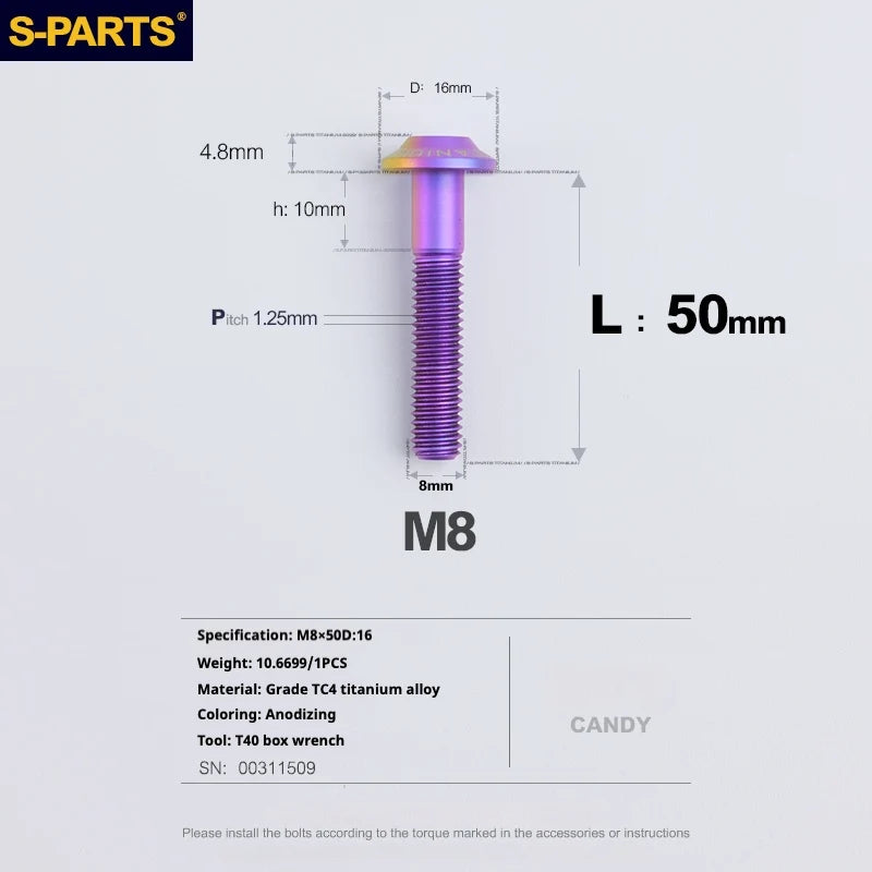 S-PARTS A3 Umbrella Head Series M8 L15-50mm D16 Titanium Screws for Bike | Motorcycle / Automotive - Detail 63