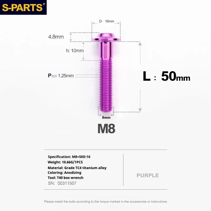 S-PARTS A3 Umbrella Head Series M8 L15-50mm D16 Titanium Screws for Bike | Motorcycle / Automotive - Detail 67