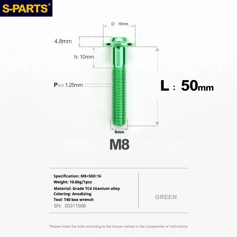 S-PARTS A3 Umbrella Head Series M8 L15-50mm D16 Titanium Screws for Bike | Motorcycle / Automotive - Detail 68