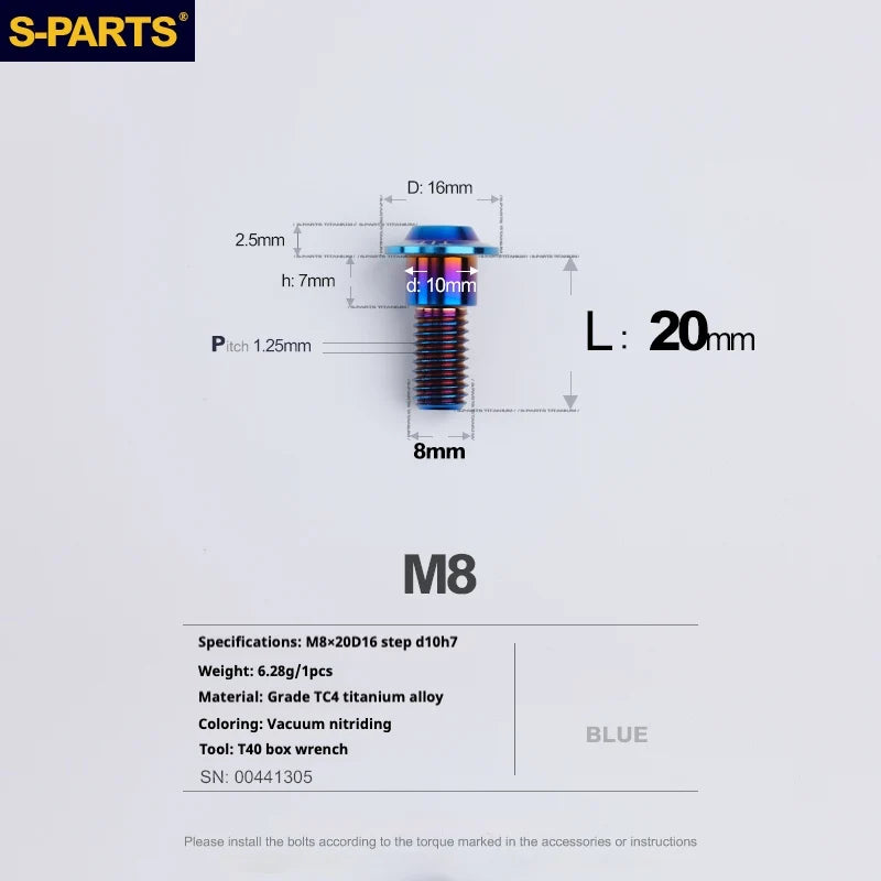 S-PARTS A3 Umbrella Head Step Series M8 Blue Titanium Screws for Bike | Motorcycle / Auto - Detail 11