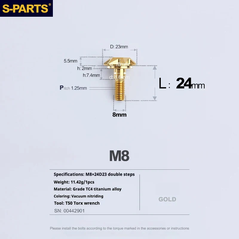 S-PARTS A3 Umbrella Head Step Series M8 Golden Titanium Screws for Bike | Motorcycle / Auto - Detail 17