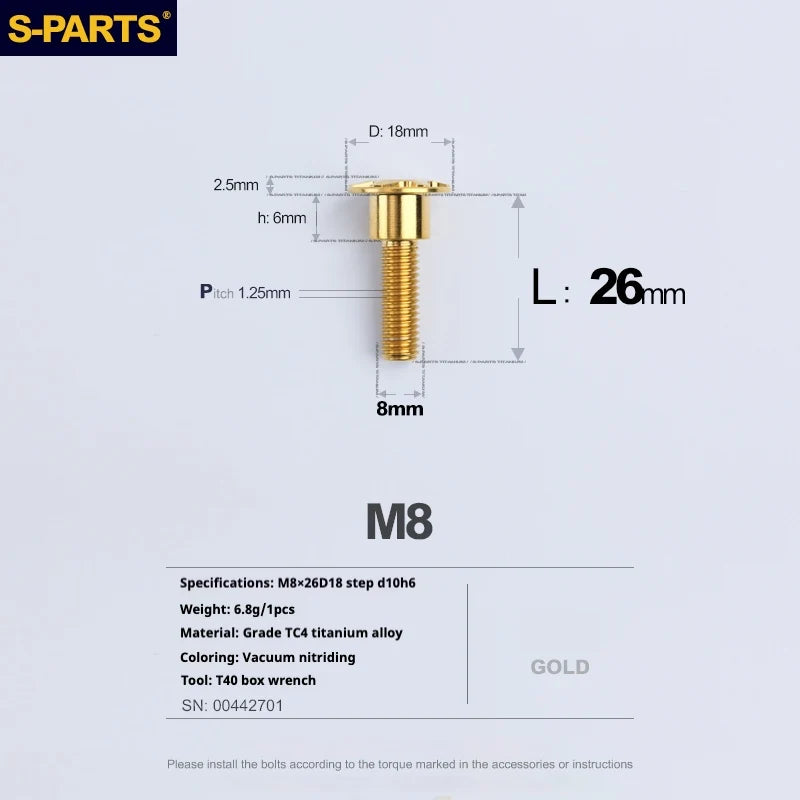 S-PARTS A3 Umbrella Head Step Series M8 Golden Titanium Screws for Bike | Motorcycle / Auto - Detail 20