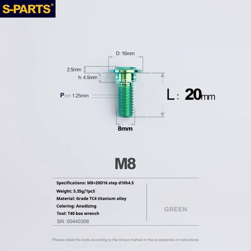 S-PARTS A3 Umbrella Head Step Series M8 Green Titanium Screws for Bike | Motorcycle / Auto - Detail 10