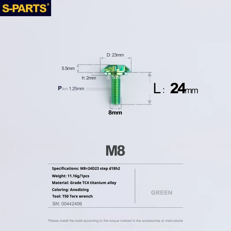 S-PARTS A3 Umbrella Head Step Series M8 Green Titanium Screws for Bike | Motorcycle / Auto - Detail 16