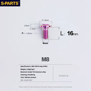 S-PARTS A3 Umbrella Head Step Series M8 Purple Titanium Screws for Bike | Motorcycle / Auto - Detail 8